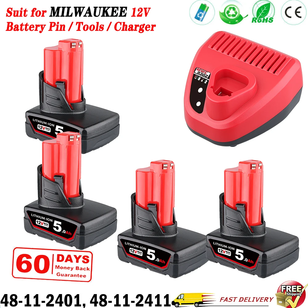 

1/2/4Pcs 5.0Ah M12 Li-on Replace for Milwaukee 12V Battery Pin 48-11-2401 48-11-2412 48-11-2411 Cordless Tools and N12 Charger