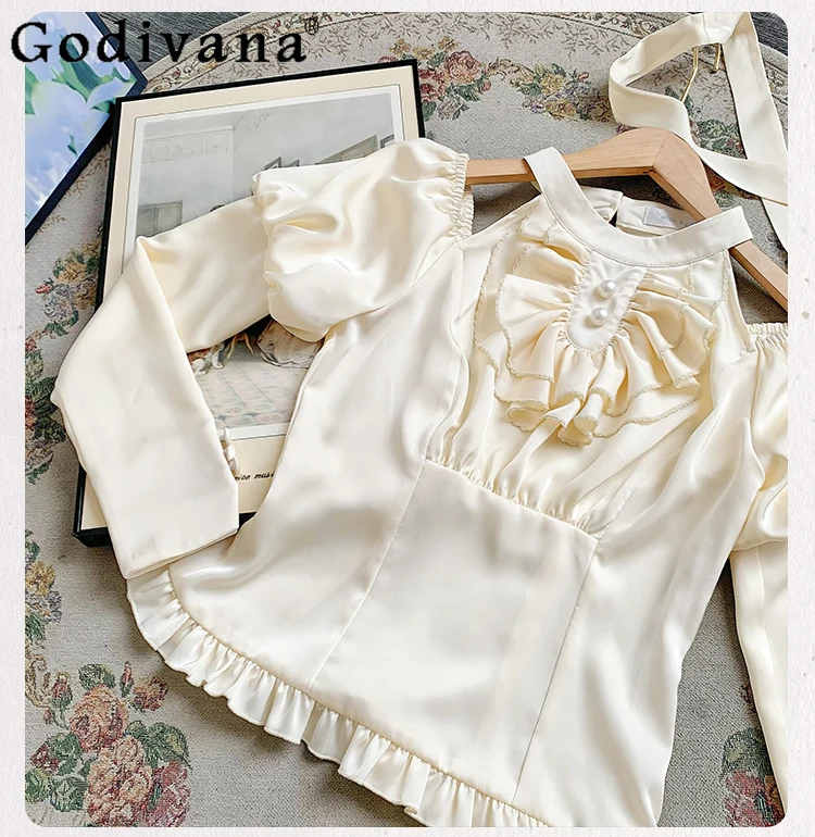 

2024 Japanese Lolita Solid Color Shirt Girly Sweet Cute Slim-Fit Elegant Bottoming Blouse Women Bow Bandage Long Sleeve Shirt