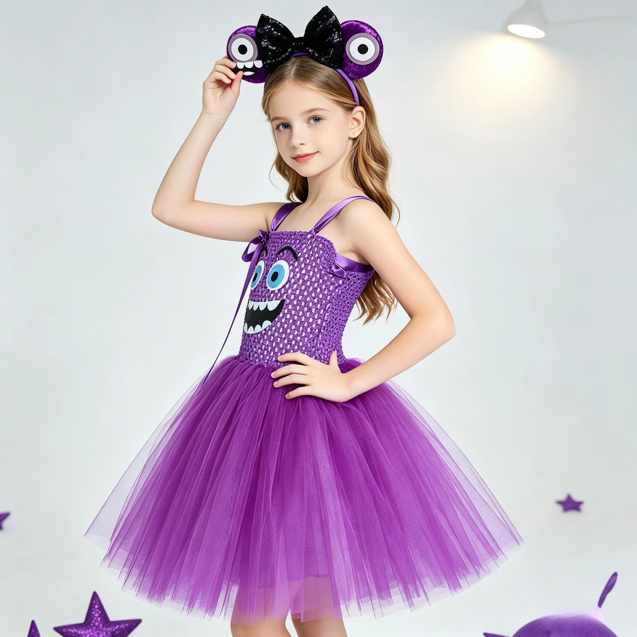 Purple Cute Cartoon Funny Monster Tulle Tutu Dress With Sparkly Headband Outfit Halloween Carnival Birthday Role Play Clothing