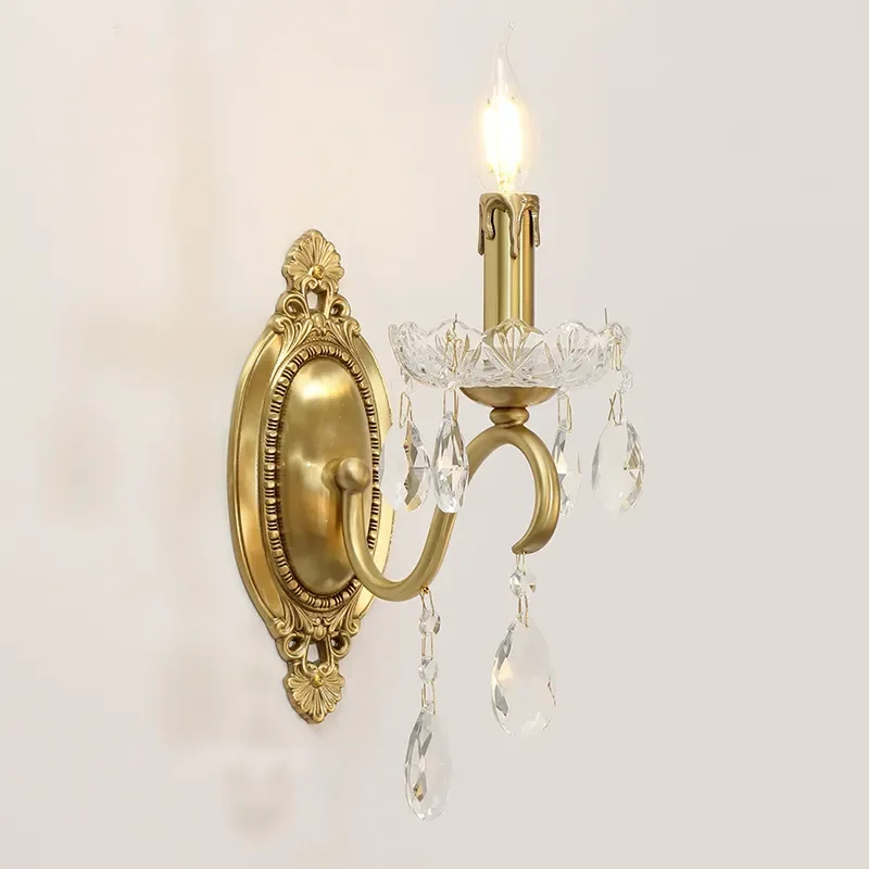 Vintage French Crystal Wall Lamp Solid Copper Double Head Sconce for Bedroom Bedside Living Room Hallway Stairs European