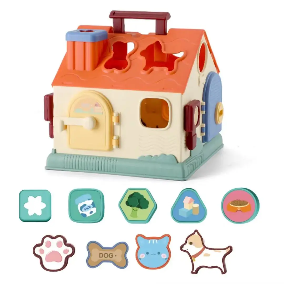Maison de tri pour bébé avec interrupteur à clé, jouets Montessori, blocs de construction de tri de formes de couleur pour chat et chien, jeux d'éducation précoce, cadeaux