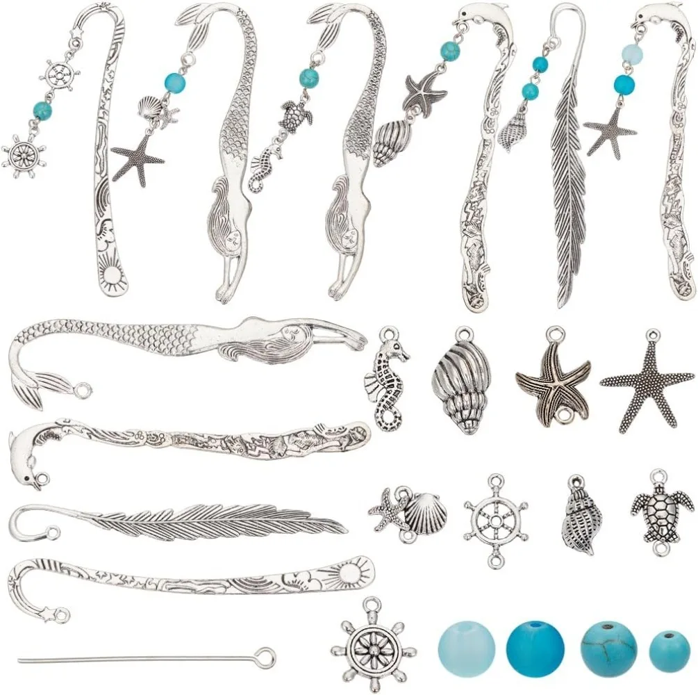 6 Sets Ocean Bookmark Hooks making Kit Metal Bookmark Metal Bead Bookmark Summer Hawaii Sea Turtle Starfish Shell Charms