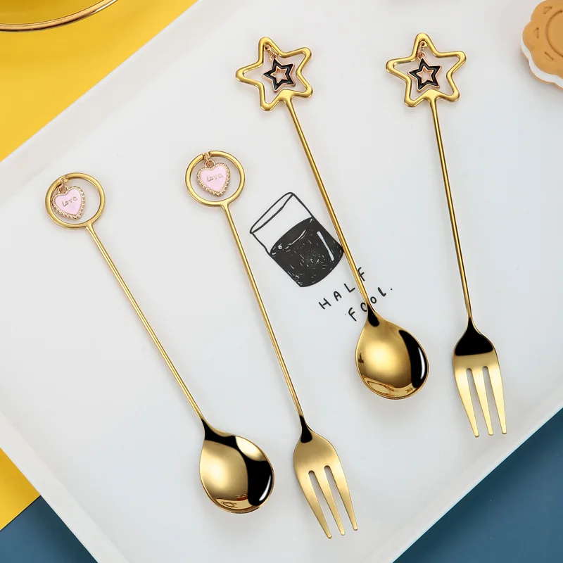 Heart Shape Stainless Steel Forks Spoon Tableware Gold Milk Coffee Stirring Spoon Dessert Cake Spoon Kitchen Accessories Utensil