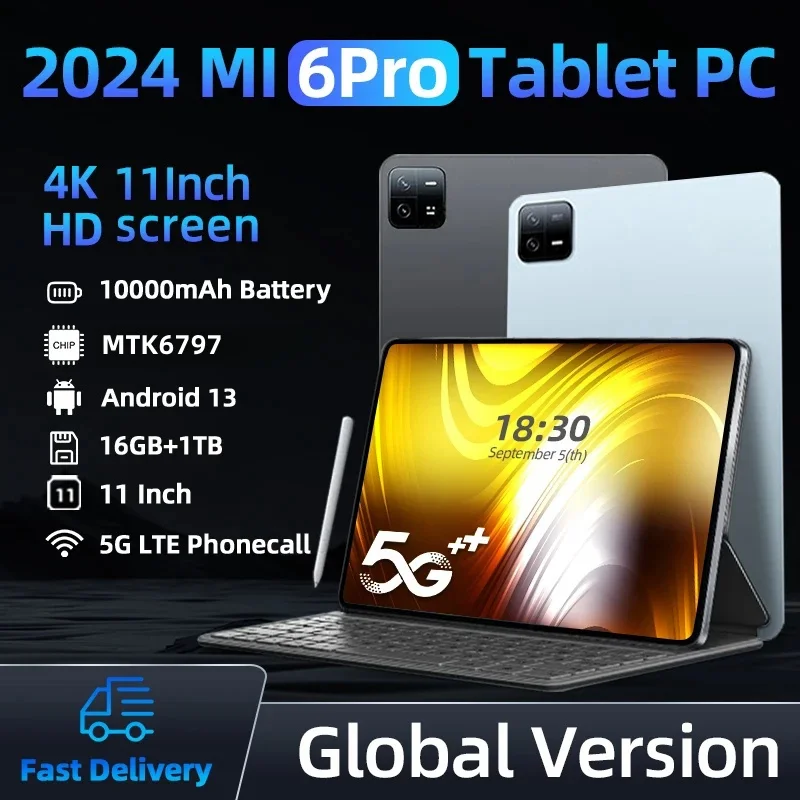 Pad 6 PRO Android 13 Tablet, 16GB 1T, 10000mAh, 5G, Dual SIM, Chamada Telefônica, GPS, WiFi, PC, Versão Global, Original, Novo, 2021