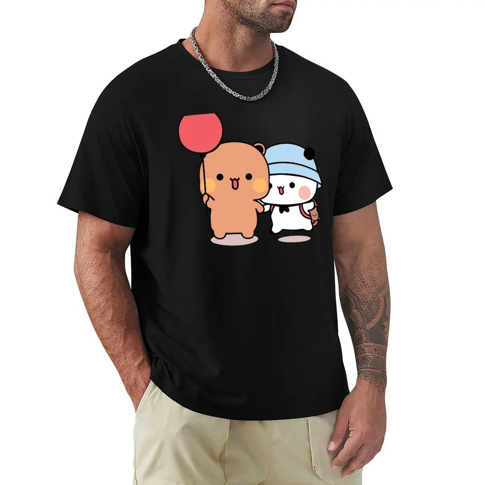 

DuDu Bear and BuBu Panda with Red Balloon T-Shirt Basic Plain Short Sleeve Crew Neck Tee