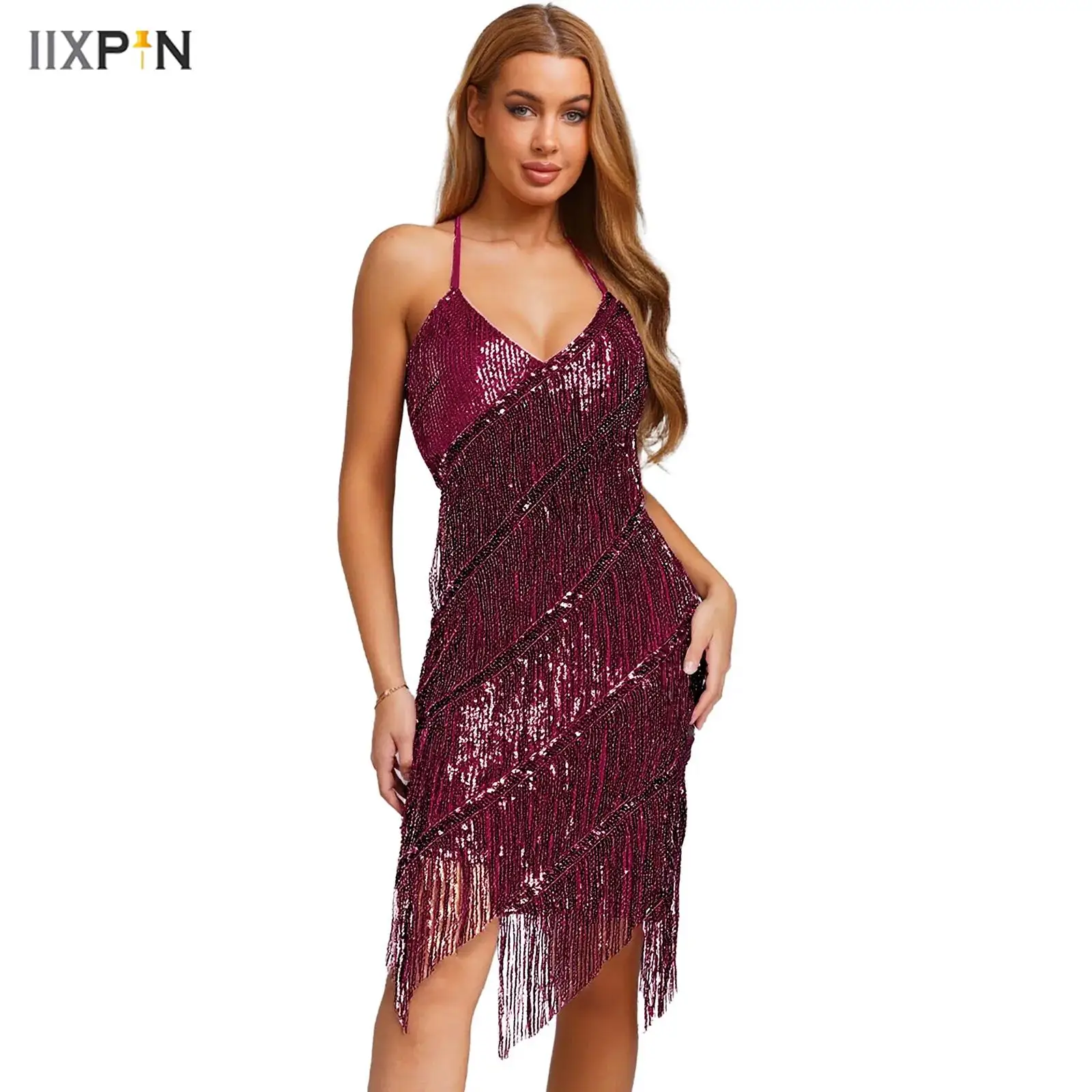 

Womens Latin Tango Dress V Neck Open Back Tiered Sequin Tassel Lace-up Bodycon Mini Dress Proms Dancewear for Chacha Rumba Salsa