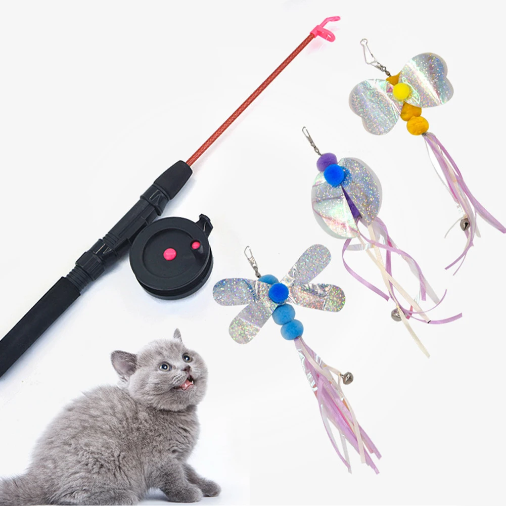 Cat Feather Toys Retractable Fishing Pole Interactive Feather Teaser Wand Chase Toys For Kittens Small Pets Cats Accessories