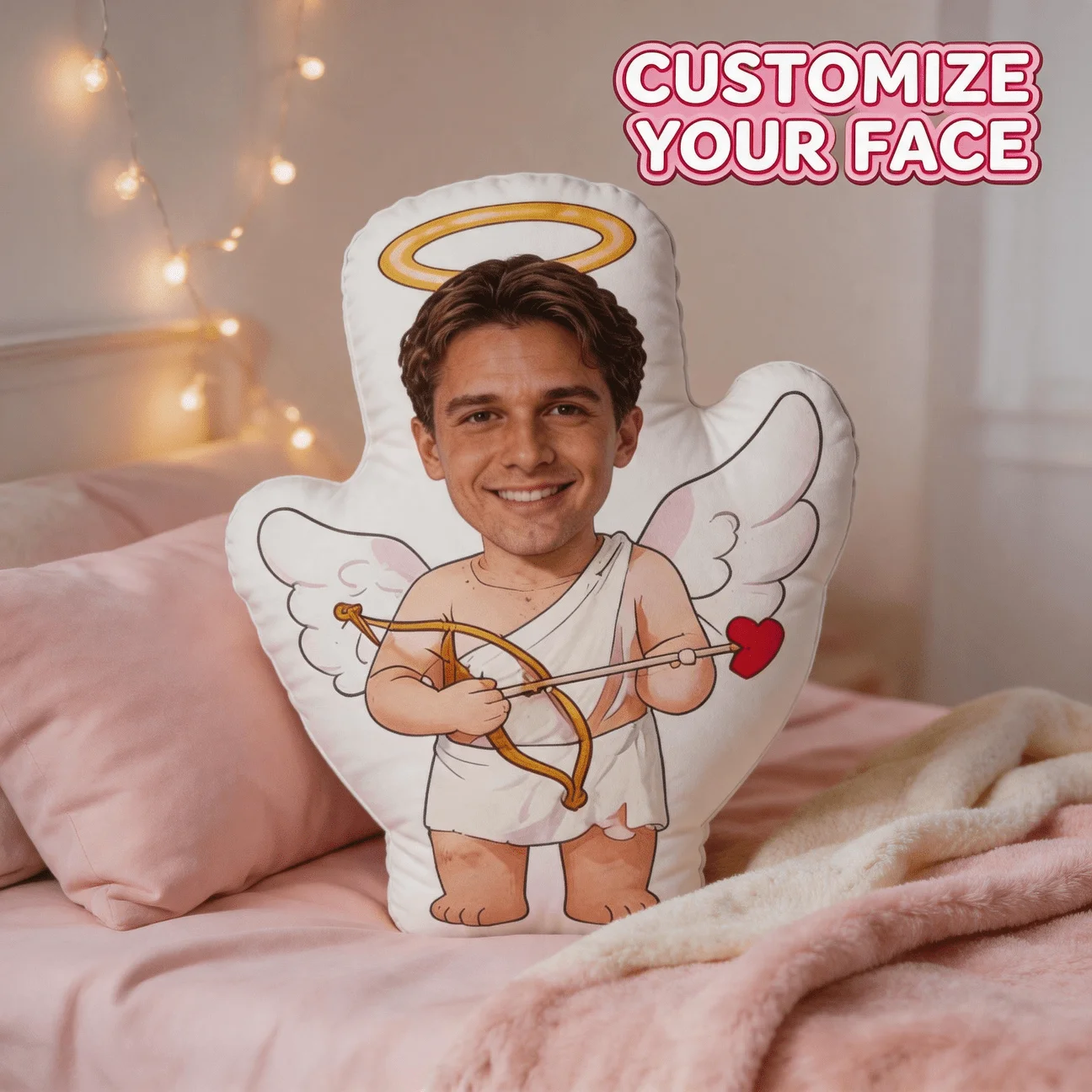 Custom Photo Angel-Shaped Pillow, Personalized Face Cupid Decorative Cushion, Funny Smiling Man with Wings And Bow Home Decor Ac