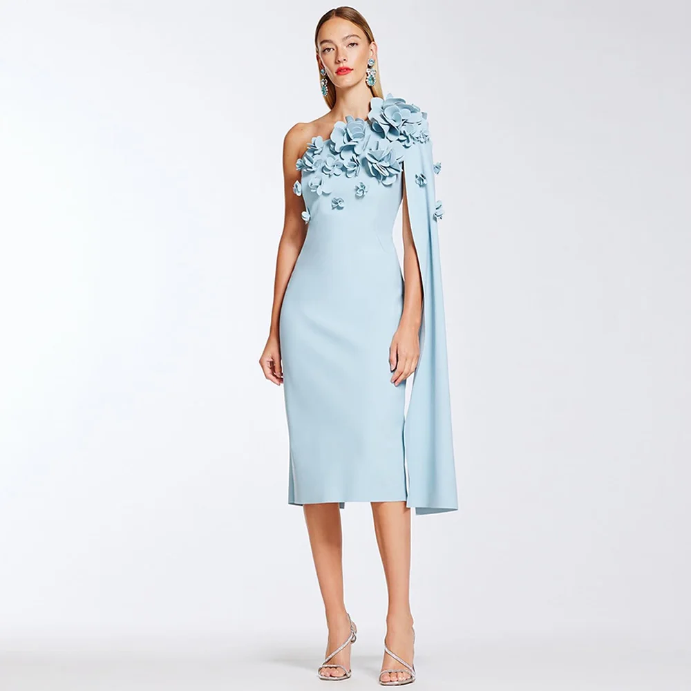 Vestido de noche corto azul pálido personalizado un hombro hecho a mano flores 3D vestido de fiesta de cóctel vestidos de fiesta árabes