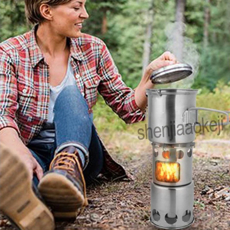 Multi-Purpose Camping เตาย่างสแตนเลสกลางแจ้ง Windproof เตาเผาไม้/เตา + ชุดหม้อ Combo ชุด 1 ชิ้น