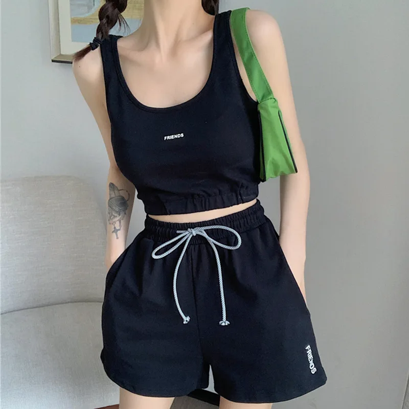 2pcs Summer Women Clothing Sets Sleeveless Vest+Shorts Sports Suit Solid Color Gym Clothing Sportswear Casual Tracksuit Women