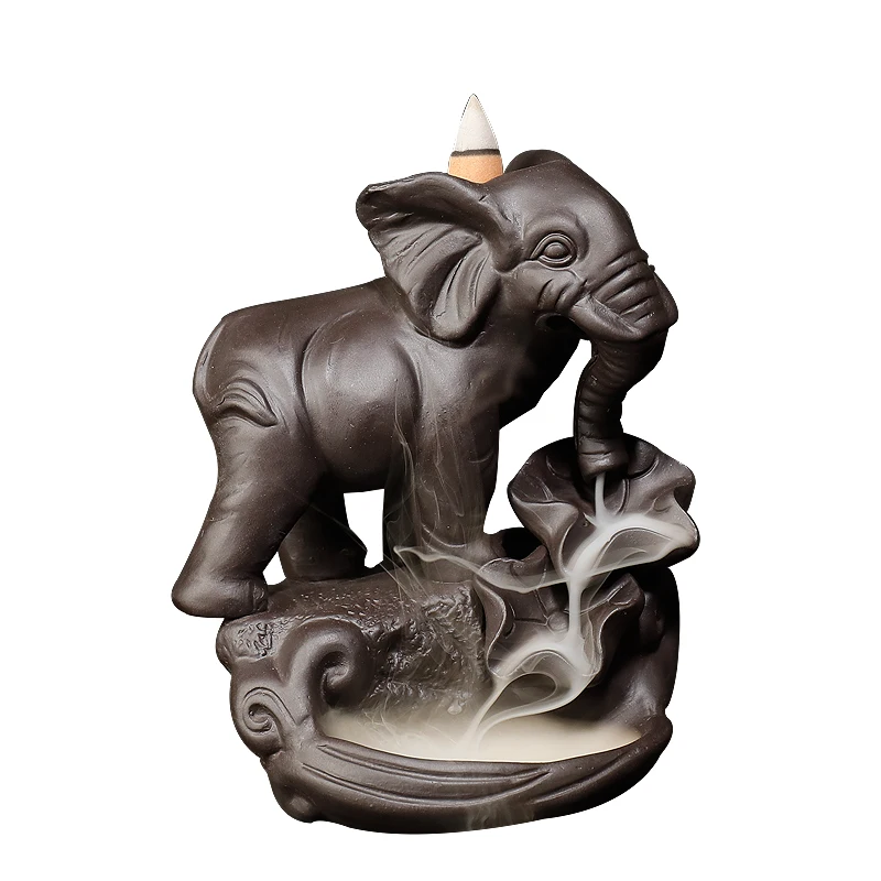 Backflow Incense Elephant God Emblem Auspicious and Success Ceramic Cone Censer Home Decor with 10Pcs Cones