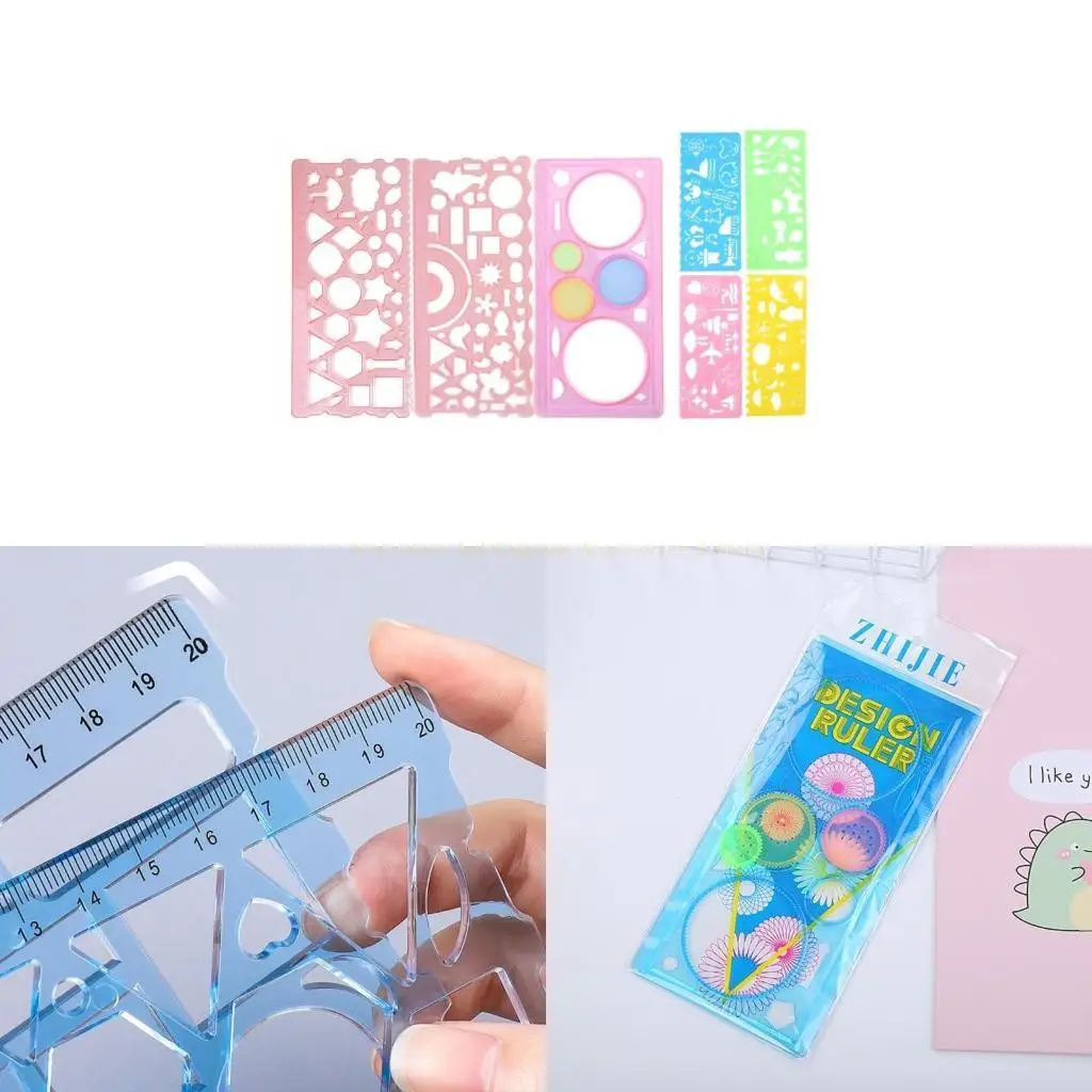 7PCS Drawing Templates Plastic Rulers Multi-Function Measuring Rulers Geometric Drawings Templates Rulers Tool Set