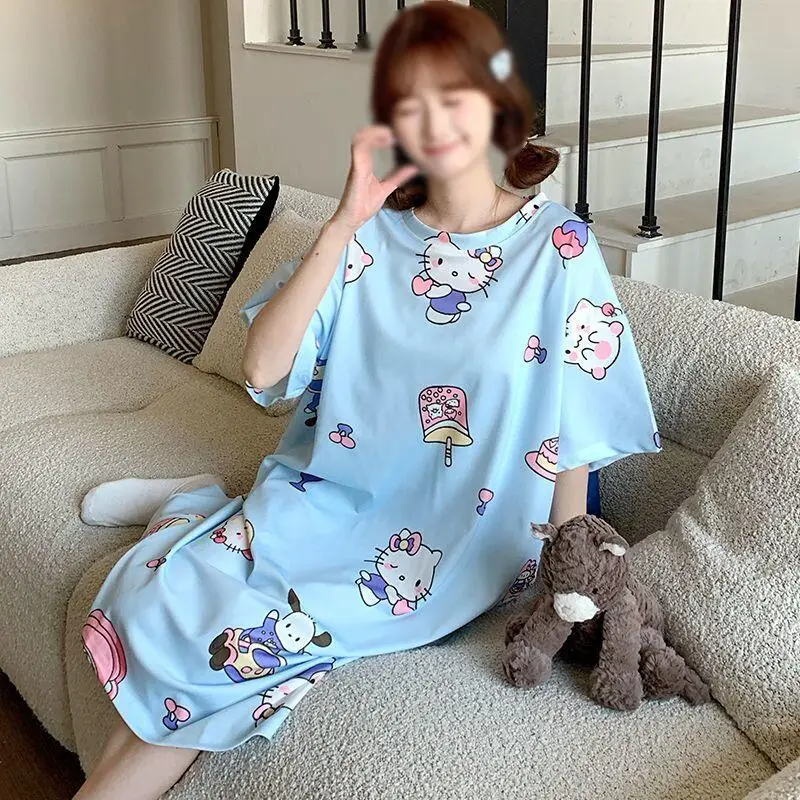 Sanrio-Pijama para mujer, vestido de verano de Hello Kitty, camisones de manga corta Y2K, vestidos largos, ropa de dormir, Pijama bonito para el hogar