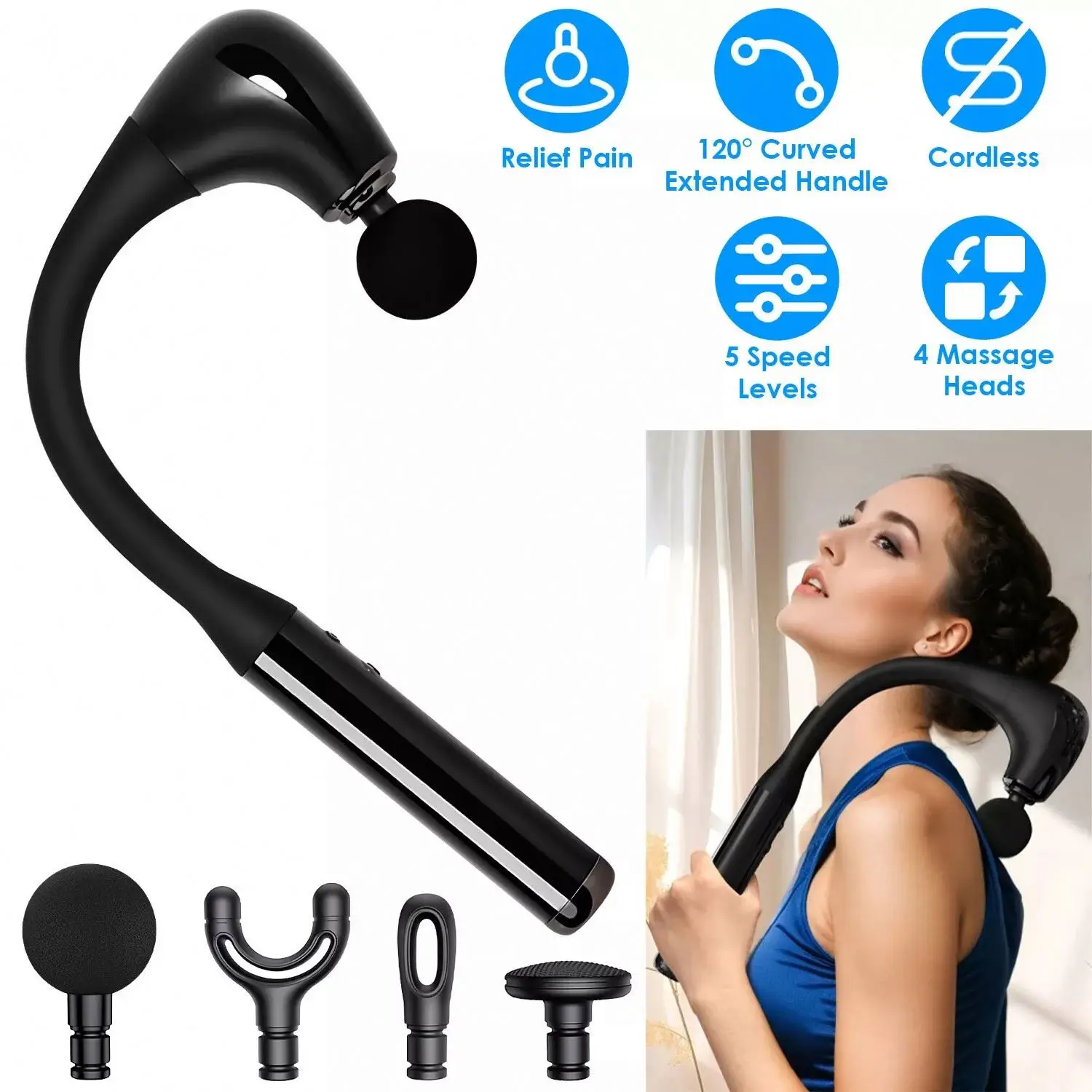 

Deep Tissue Fascia Muscle Relaxation Hammer Handheld Massager Extended Handle Four Heads 1500mAh Battery 5 Gears Type-C