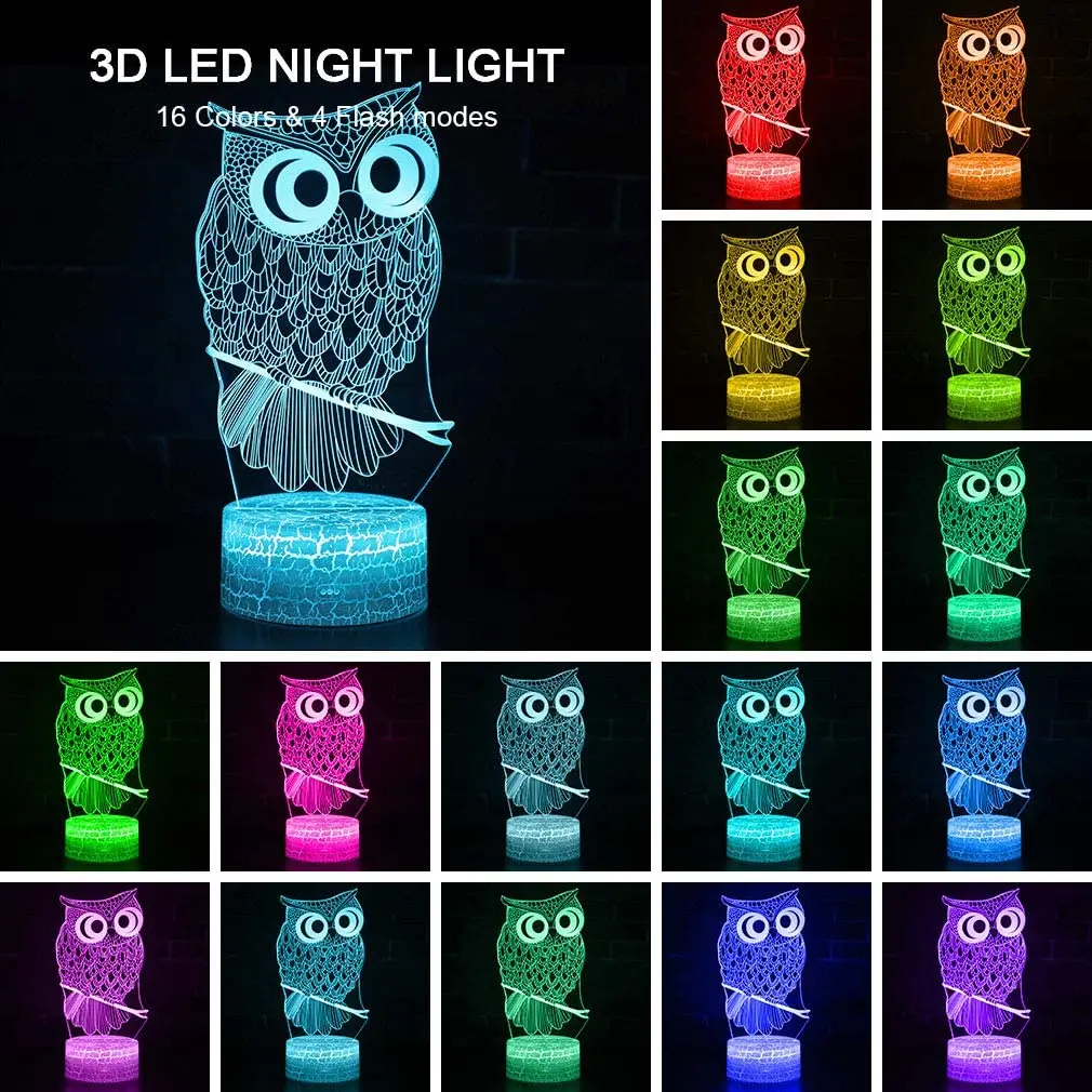 Owl 3D LED Night Light Table Desk Lamp Color Change Romantic Owl Night Light Bedside Decor for Kids Birthday Xmas Gifts