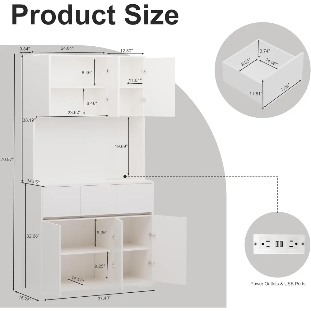 Kitchen Pantry Cabinet with Power Outlets and Led Lights, Hutch Cabinet with Storage with Drawers, Tall Storage Cabinet