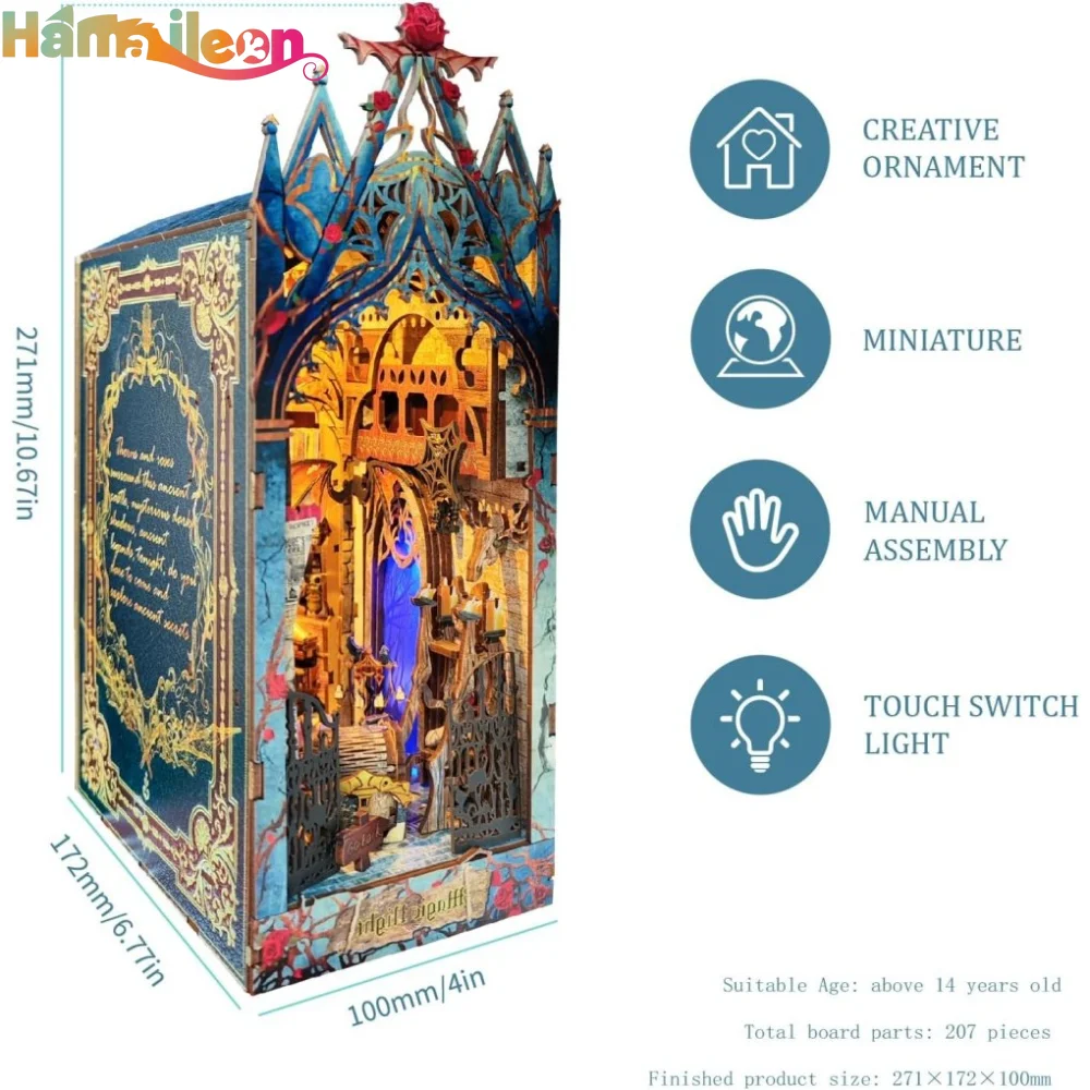 Hamaileon DIY Book Nook Kit Shelf Insert Miniature 3D Wooden Puzzle Bookshelf Dollhouse Bookend Toys（Twilight Castle）