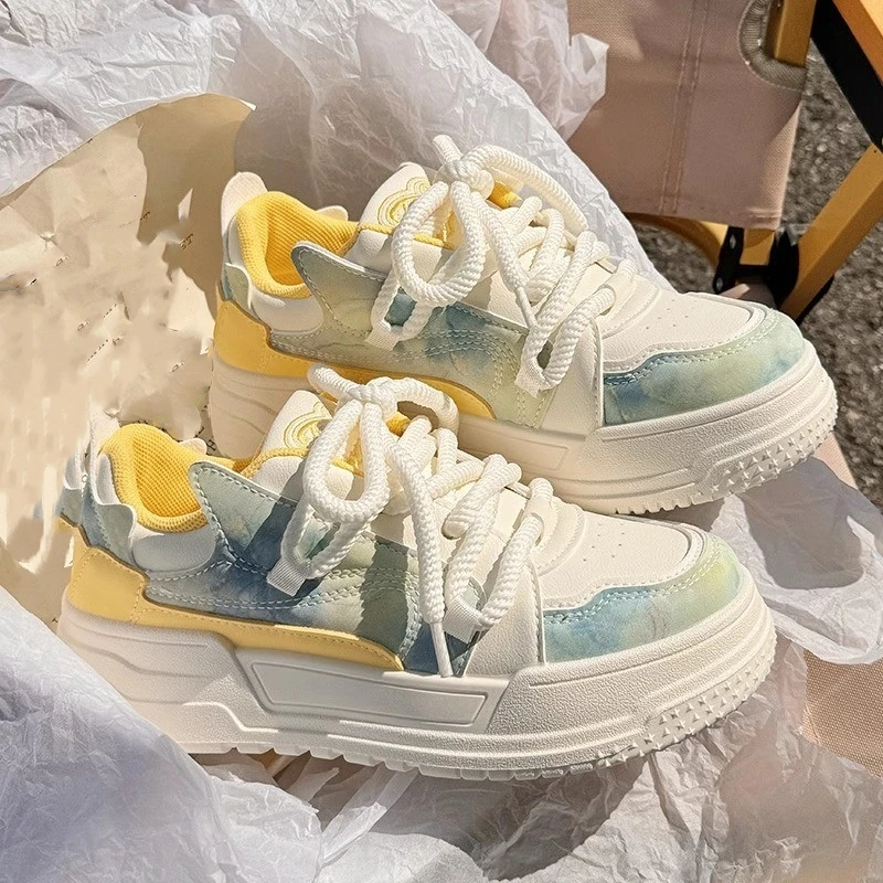 

New Fashion Versatile Simple White Shoes Round Toe Thick Sole Lace Up Cute Lightweight Slim Casual Sports Shoes for Women