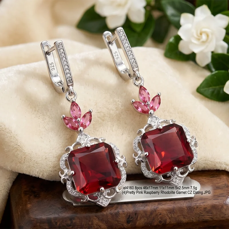 Pendientes chapados en plata con topacio azul de Londres, rodolita de frambuesa rosa, 46x17mm, 7,5g
