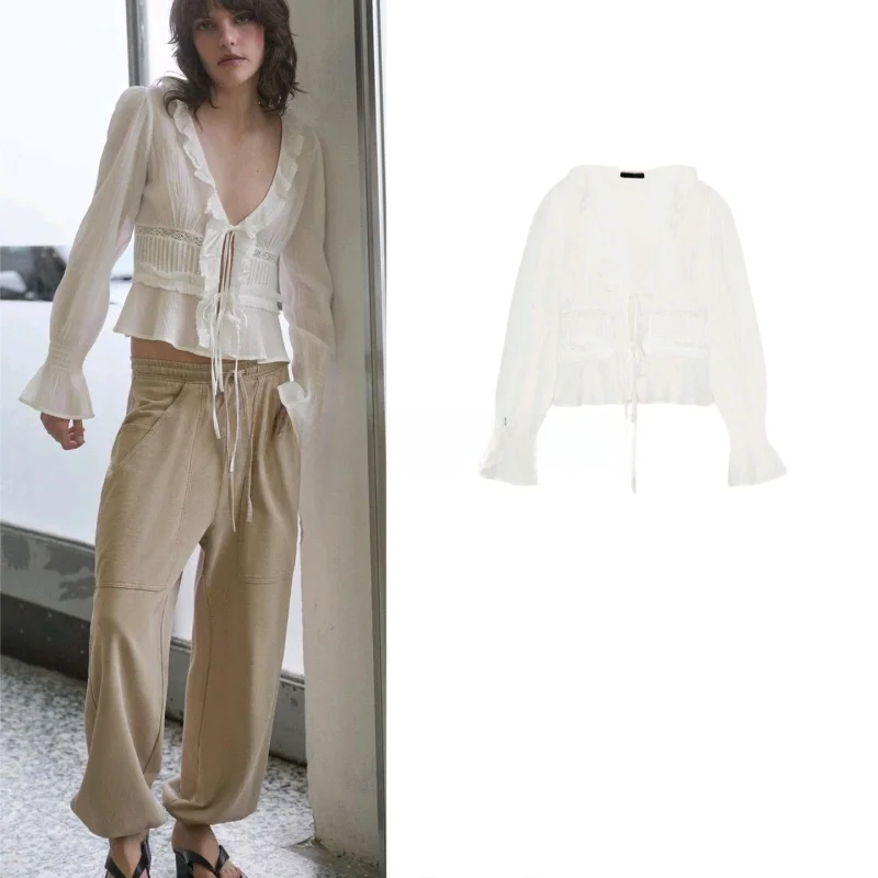 

Spring New Women's irt Knot Long Sve V-ne Embroidery Layered Decoration Lace Casual Sle Polyester Fabric