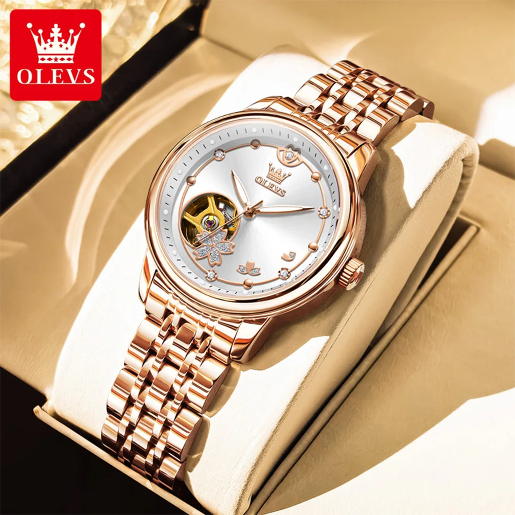 

Брендовые женские часы OLEVS, модные элегантные оригинальные автоматические механические часы для женщин, роскошные полые наручные часы с турбийоном