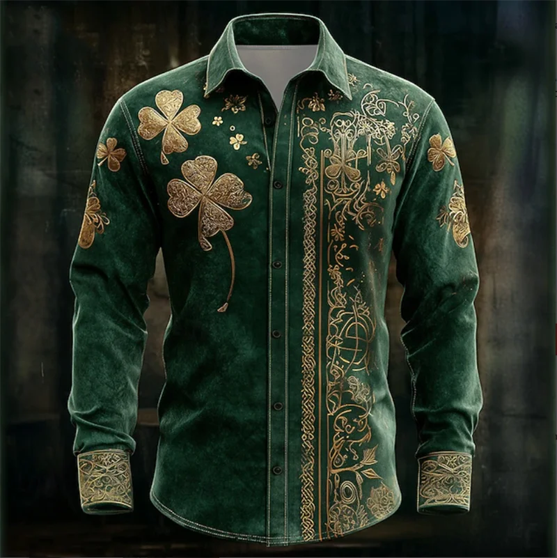 New Men's Long Sleeved Shirt with Gold Clover Rack Print, Fashionable and Luxurious Long Sleeved Shirt Top