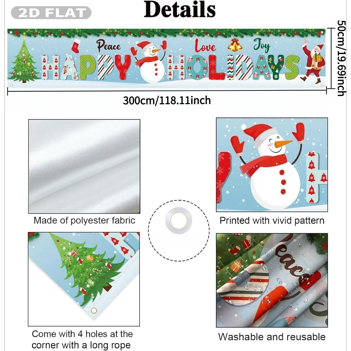 1pc Pace Love Joy Happy Holidays Banner, 20x118 inch Blue Merry Christmas Yard Banner
