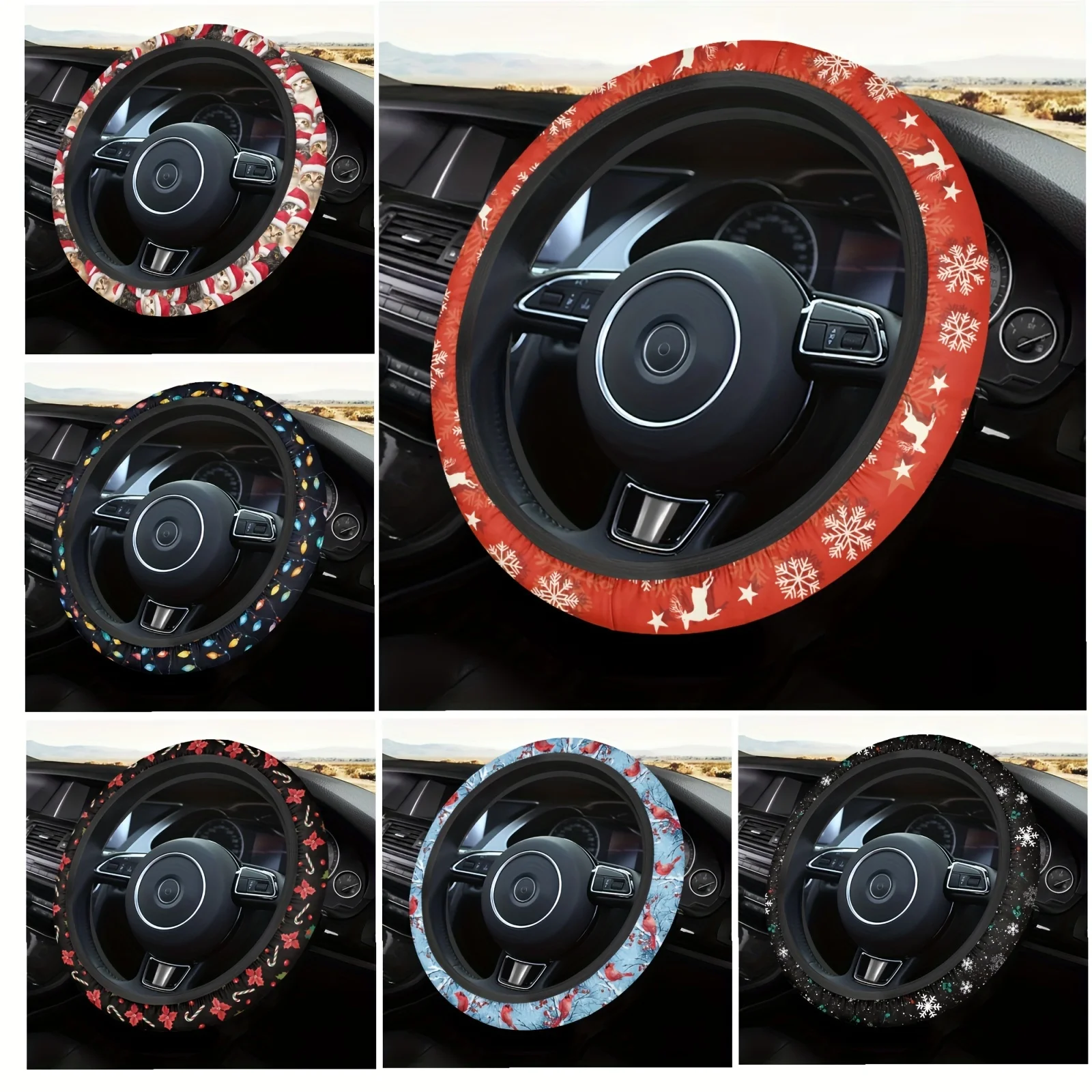 Festive Christmas Car Steering Wheel Cover - Polyester, No Inner Ring, Fits Most Cars, Holiday-Themed Prints With Elk, Snowflake