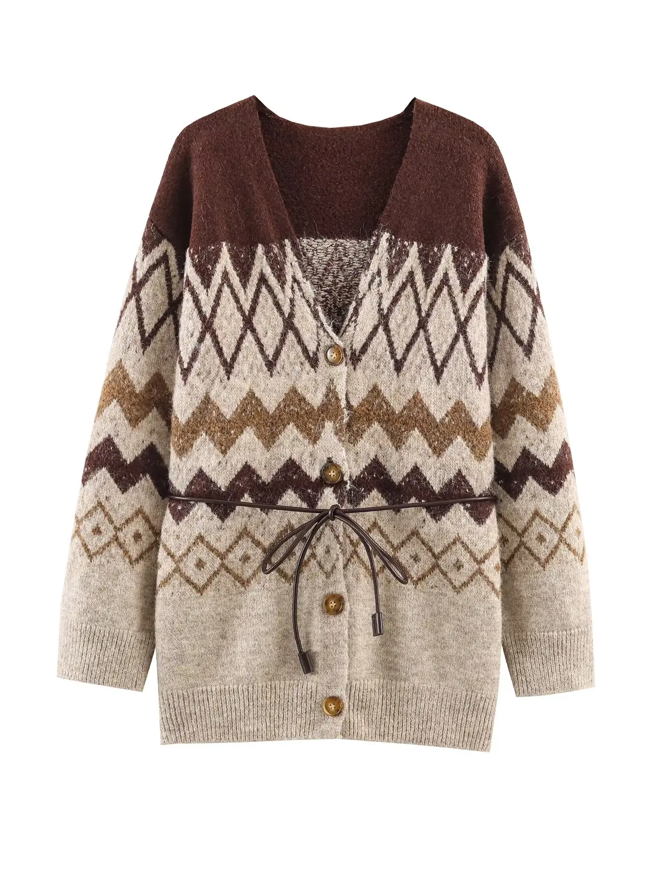 

Women Geometric Knitted Cardigans Autumn Winter V-neck Single Breasted Sweater Coat With Belt