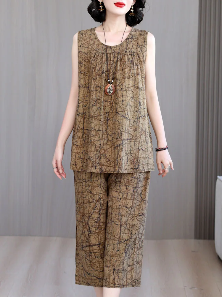 

Summer New Loose Cotton Silk Set Women Middle-Aged Mom Home Clothes Can Be Worn outside Seven-Quarter Pants Comfortable Home ...