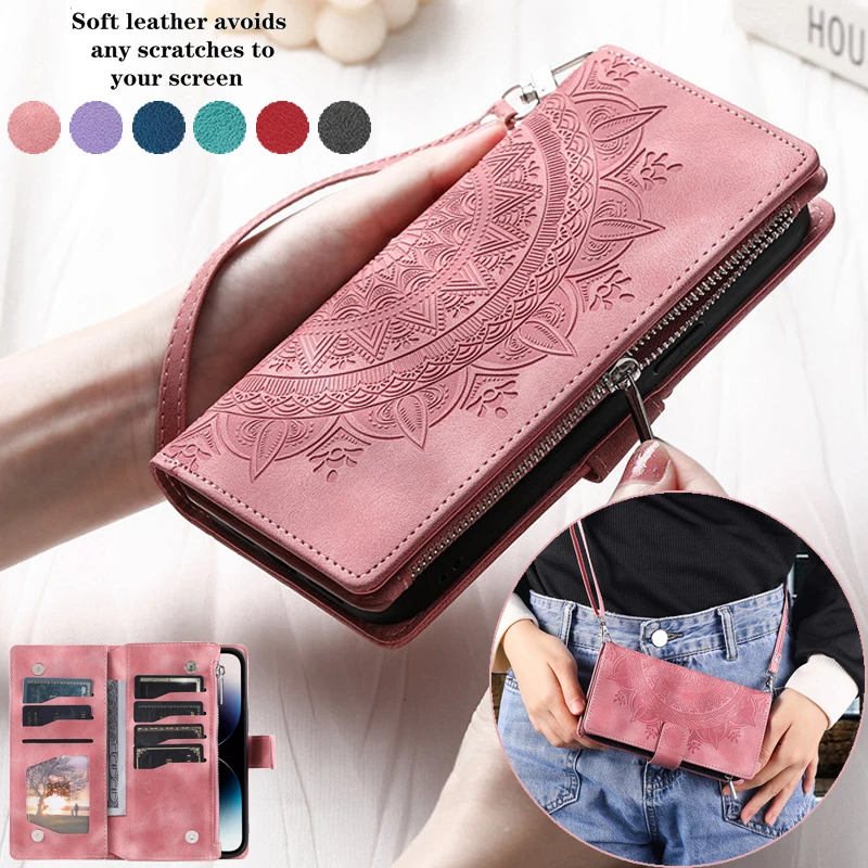 

Long Lanyard Zipper Wallet Card Pocket Phone Case for LG G7 G6 K50 K40 Q60 V60 V30 Shockproof Leather Flip Holder Cover Back Bag