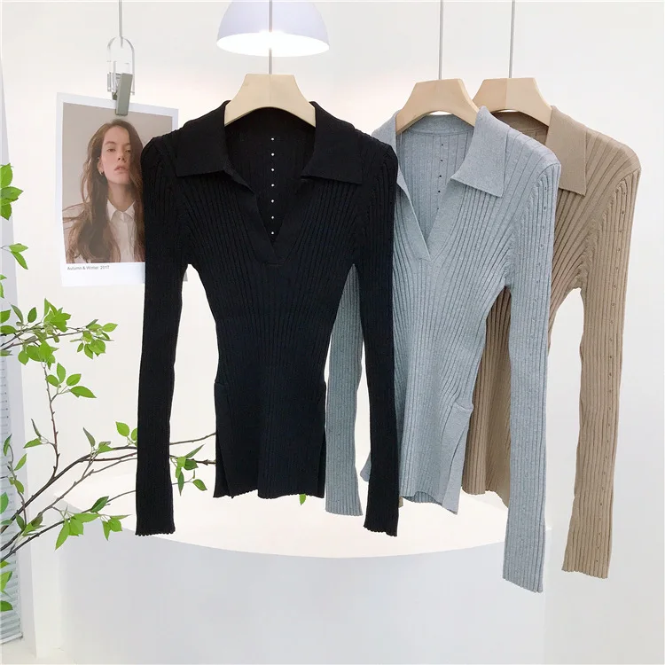 6214 Spring New Pure Desire Sexy Turn-Down Collar Split Ribbed Slim Fit V-Neck Knitted Sweater