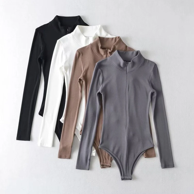 

Combinaison à manches longues et col haut, coupe cintrée, couleur unie, chemise de Base de Style européen et américain, vêtement