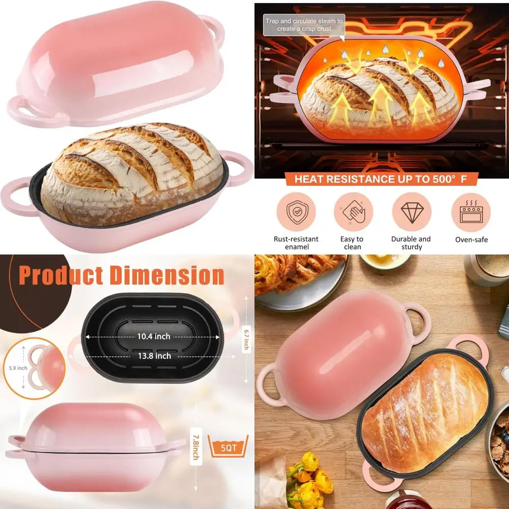 

5-Quart Enamel Cast Iron Sourdough Bread Pan with Lid, Gradient Pink Oval Dutch Oven