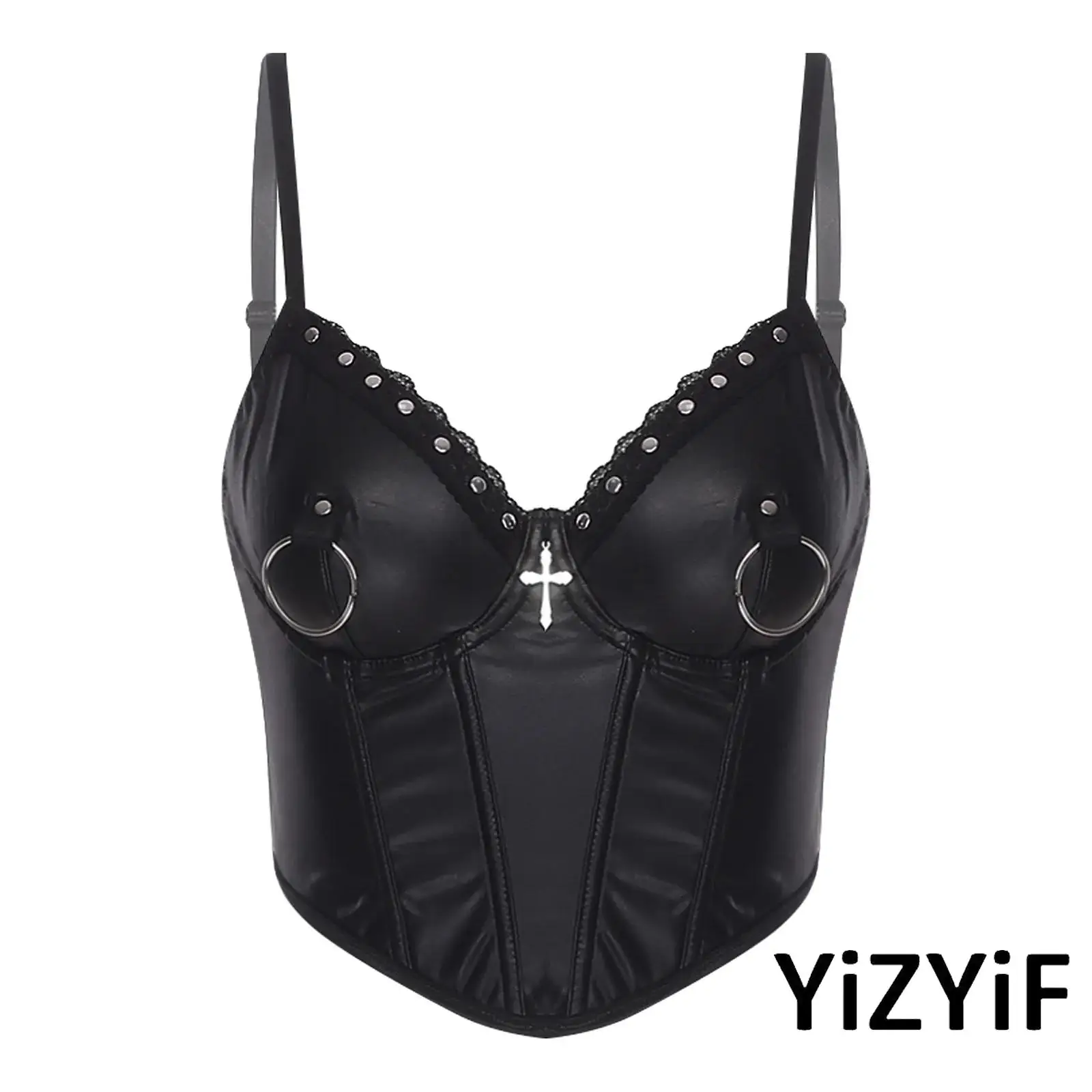 

Women Punk PU Leather Corset Brassiere Bustier Rivets Cross And O-ring Decor Push-up Bra Boned Cropped Camisole Gothic Party Top