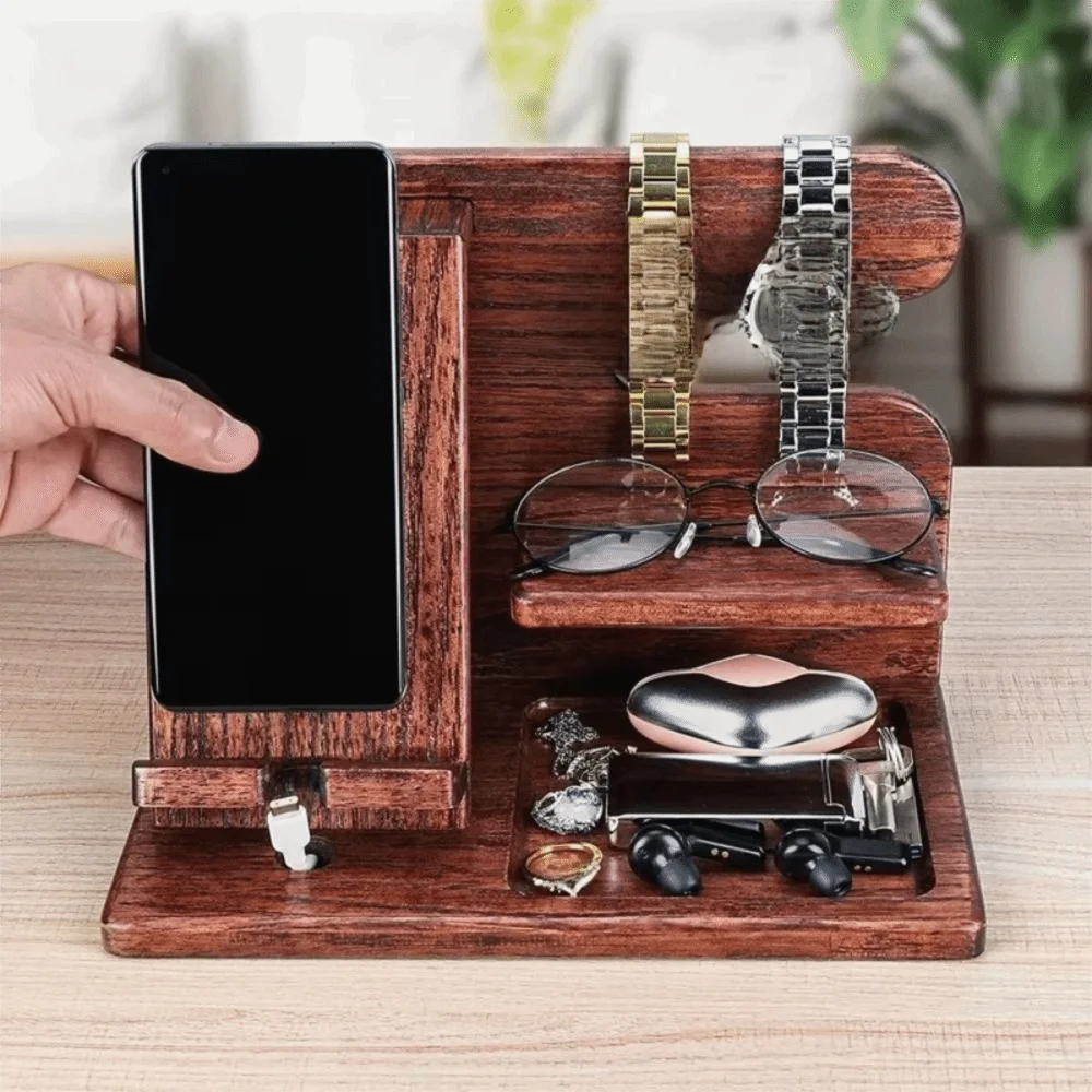 

Держатель для телефона из цельного дерева, устойчивый дизайн с пазами, съемный органайзер для часов, экономия места, настольный органайзер, тумбочка