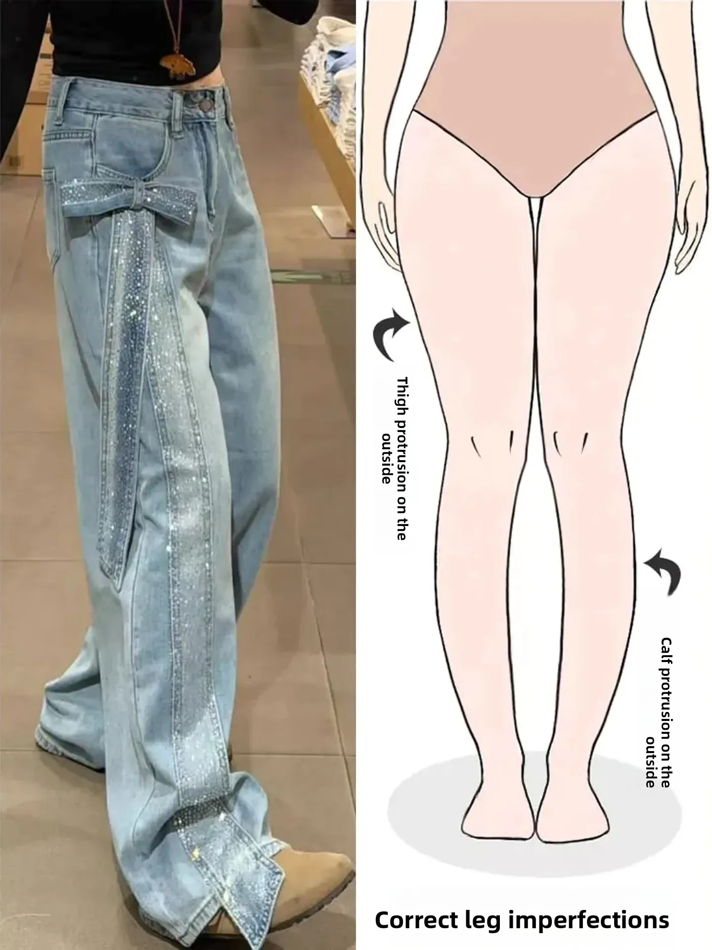 

Retro American Knot Rhinestone Denim Pants Women Loose Wide Leg Long Trousers Pear Body Shape New Design Casual