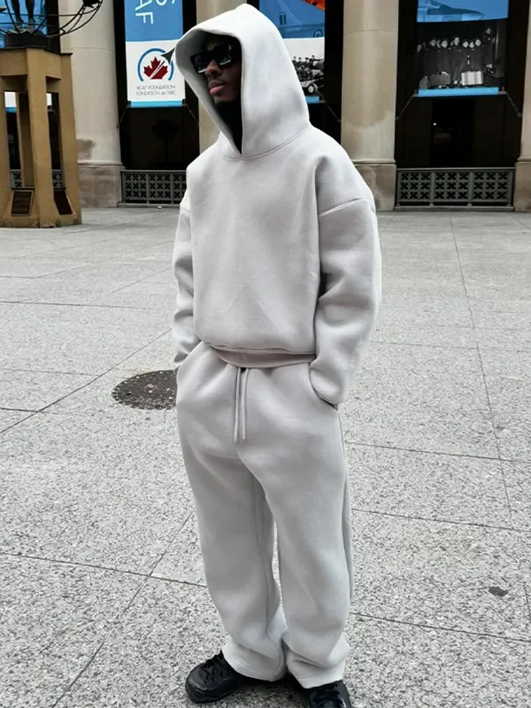 Moletom e calças de moletom soltas 2 peças terno masculino outono jogging moletom calças roupas ternos casuais sólido casal com capuz