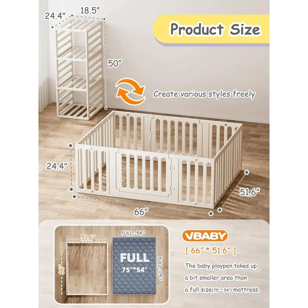 12パネルの白いプラスチック製ベビーサークル、幼児用、屋内/屋外遊び場、66x51