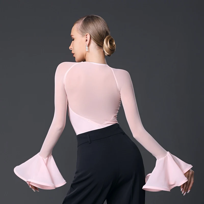 Women Latin Waltz Ballroom Dance Competition Tops Lotus Leaf Sleeves Latin Tops Modern Dancing Top Stage Practice Wear SL7484