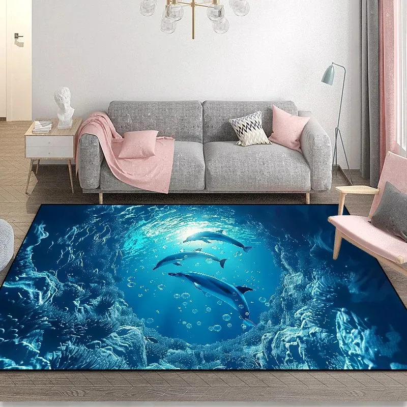 Alfombra con estampado de delfines 3D de mar, alfombra de mar ondulada, alfombra moderna para sala de estar, dormitorio infantil, alfombra azul para gatear, antideslizante