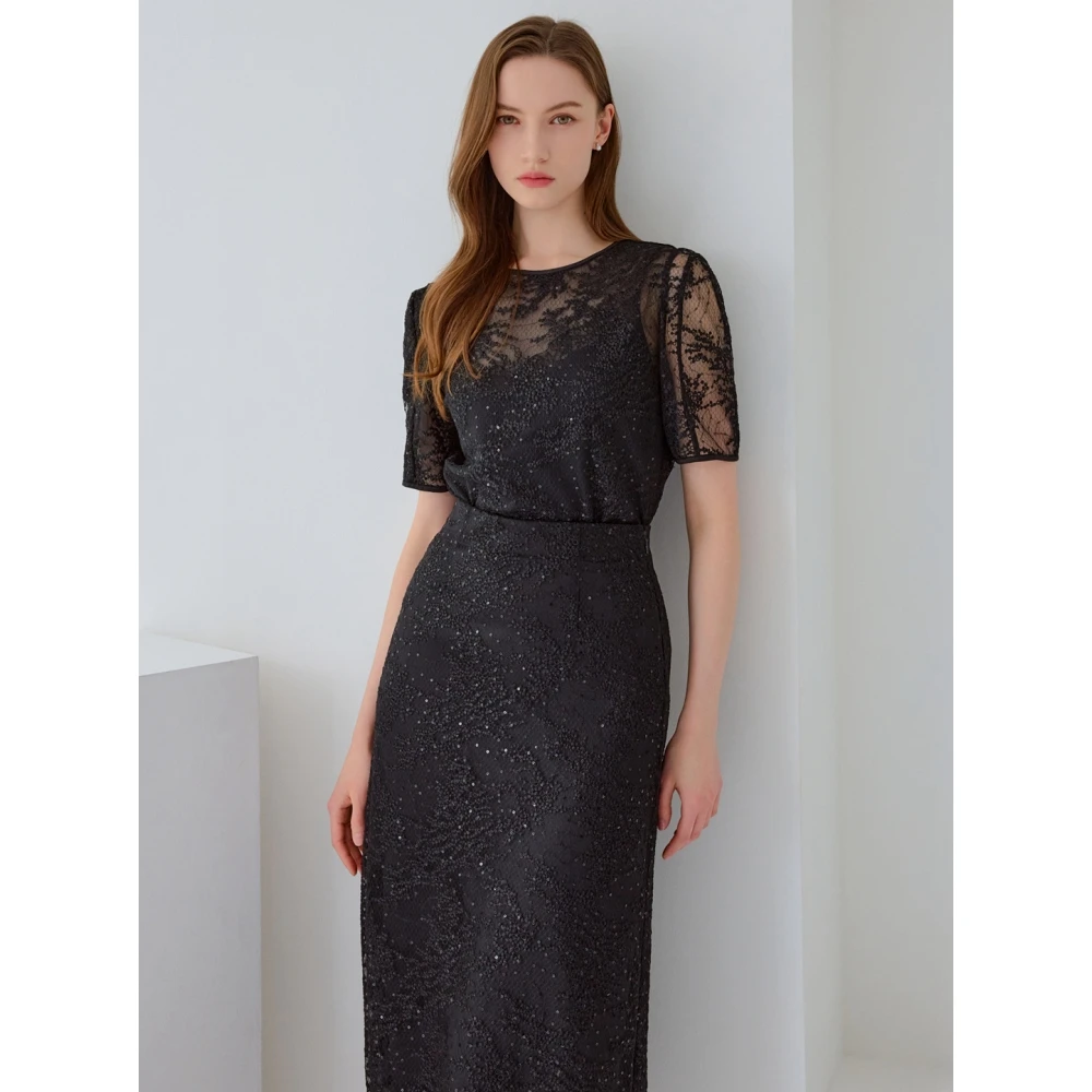 

MICOAT Pure Original Ele Light Luxury Summer Sequin Embroidery Lace Top Strap + ter Skirt Set Women's High Waist A-Lin...