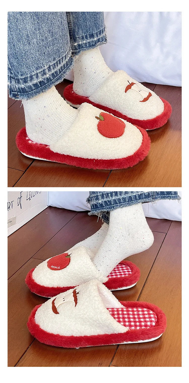 Modische Niedliche Apfel-Plüsch-Hausschuhe Rutschfeste Dicke Sohle Winter-Slides Damen Geräuscharme Freizeitschuhe für Zuhause ﻿ – Detail 7