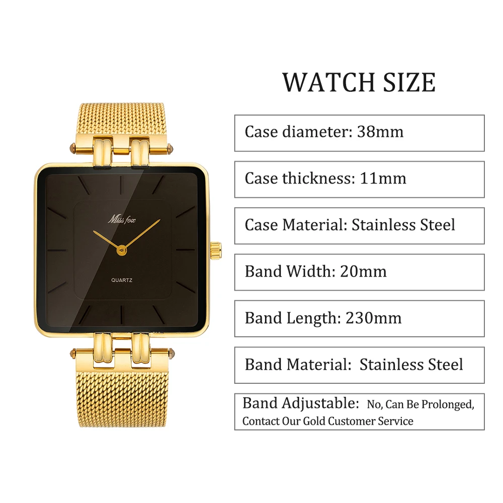 MISSFOX Luxury Brand Wristwatch Minimalist Fashion Quartz Watches Classic Design Square Dial Waterproof Mesh Band Watch For Gift