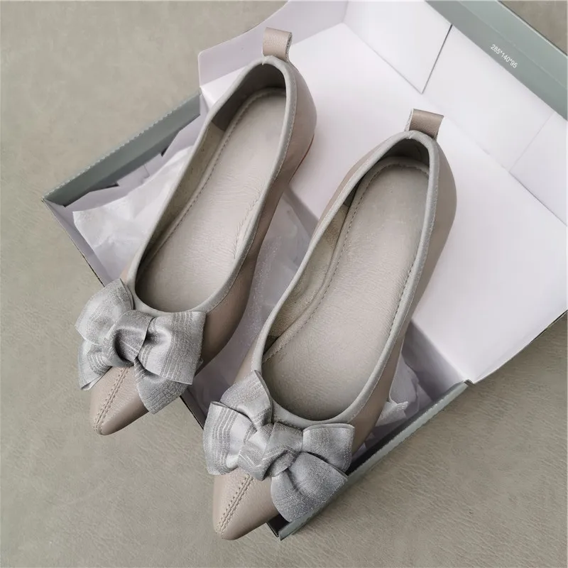 

2022 new spring bow-knot cowhide flat shoes women's leather spring spring and autumn flat heel pointed toe leather shoes