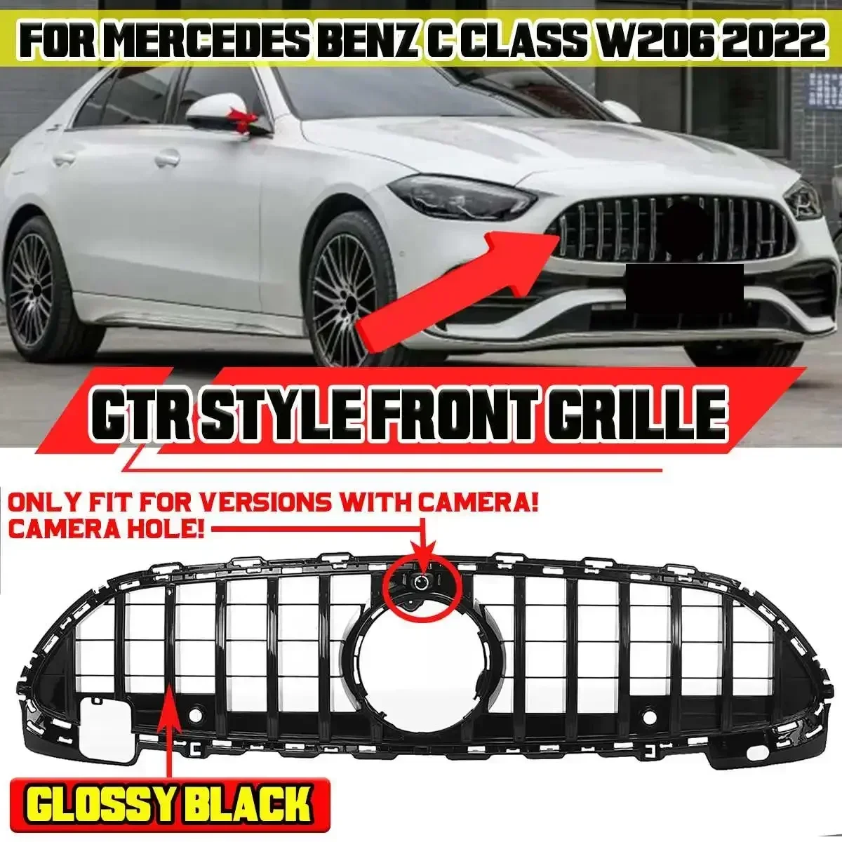 GTR Style Car Front Bumper Grill Grille with Camera Hole For Mercedes For Benz C Class W206 2022 Front Mesh Racing Grill