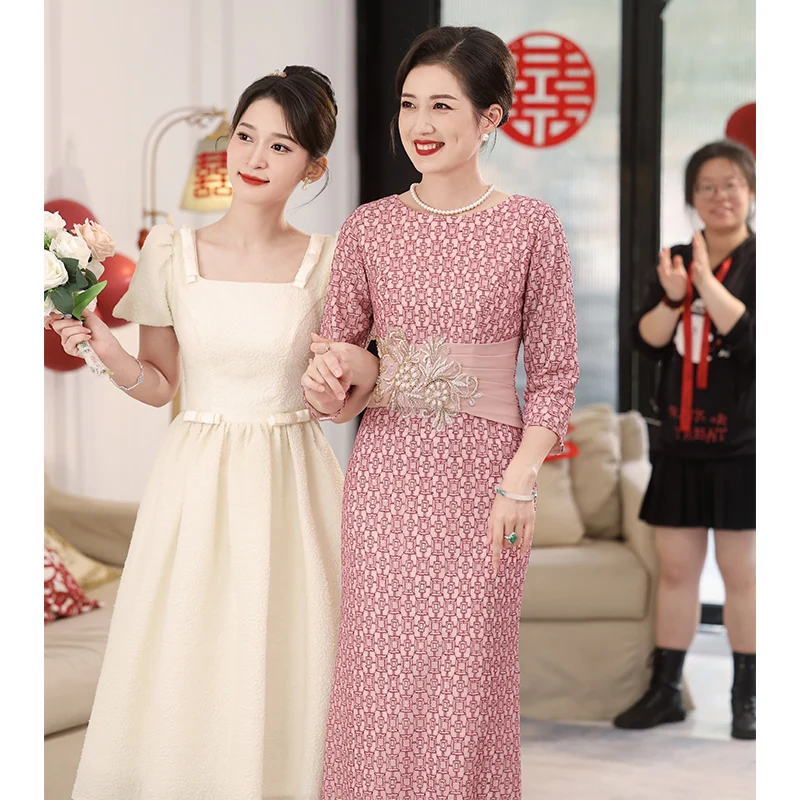 

Pink Mother Of The Groom Dresses Elegant Mermaid Style Tea-Length Long Sleeves Women Evening Gowns For Wedding Party