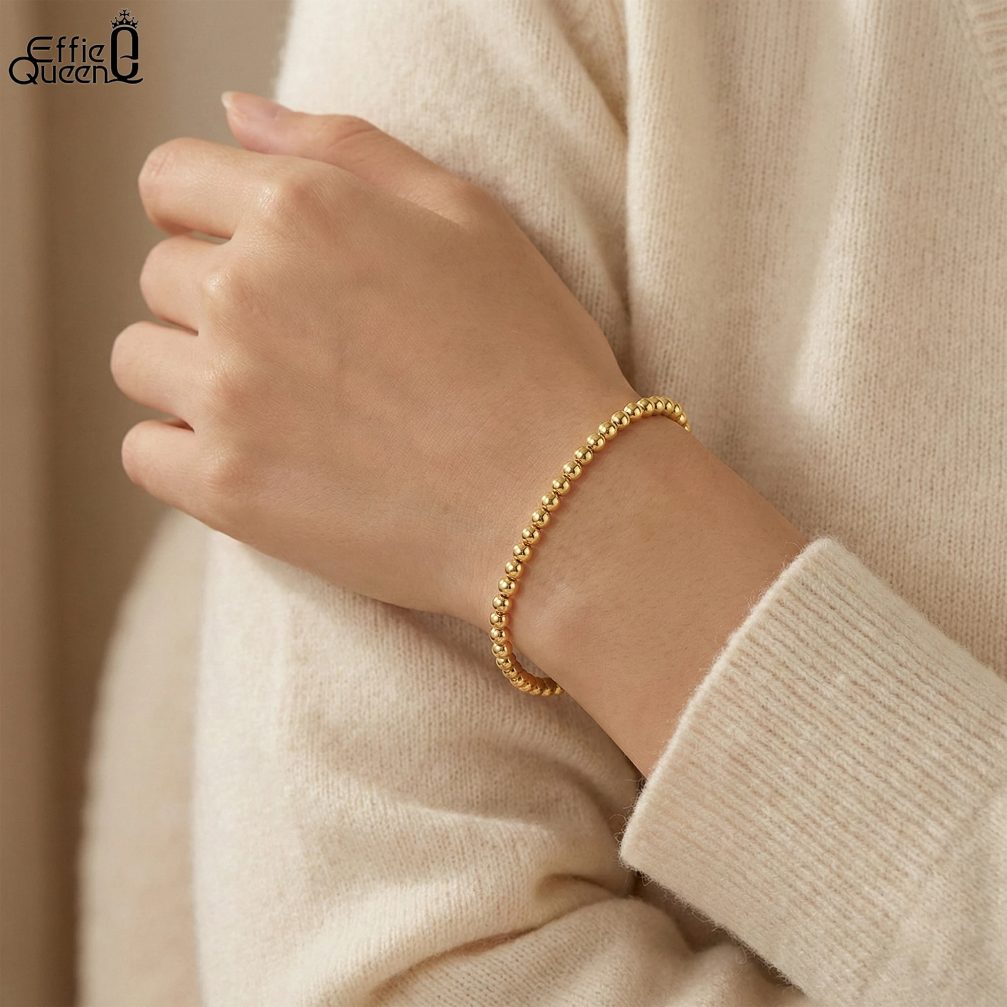 

EFFIE QUEEN 100% 925 Sterling Silver 14k Gold Square Beads Chain Bracelet Simple Jewelry for Women, Men Wedding Party Gift SB124