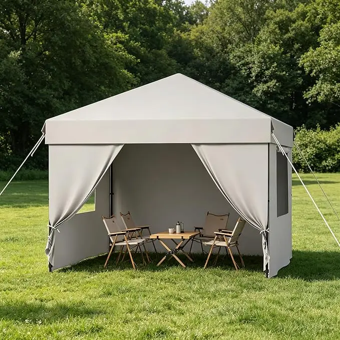 10'x10' Pop Up Canopy Tent with 4Pcs Sidewalls, Portable Instant Commercial Canopy with 4 Stakes, 4 Ropes, 4 Sandbags for Farmers' Market, Patio, Outdoor, Camping